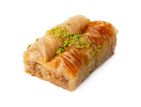 Delicious sweet baklava isolated on white background, close up