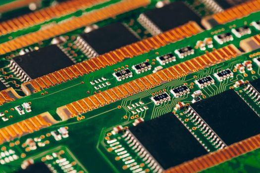 Close up of electronic circuit board with processor. Close up.
