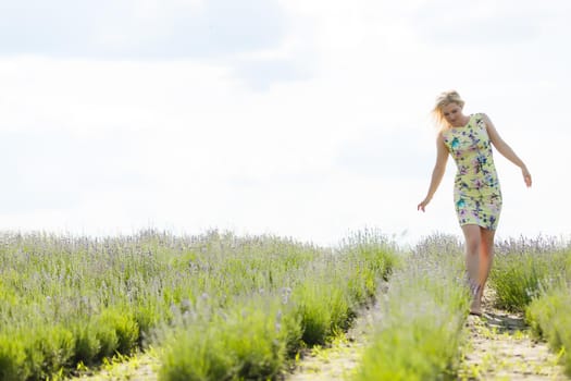 Woman standing on a lavender field