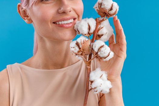 Close up portrait of smiling woman holding sprig with fluffy cotton flowers near her face, posing isolated over blue studio background. Nature, beauty concept