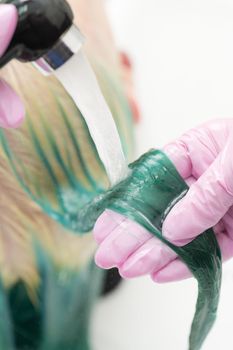 Hairdresser holds lock of green hair in hand while washing hair of client in shower in sink. Beauty salon, working professional hairdresser in pink protective gloves.