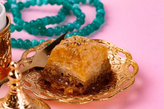 Turkish arabic desserts baklava on silver plate close up