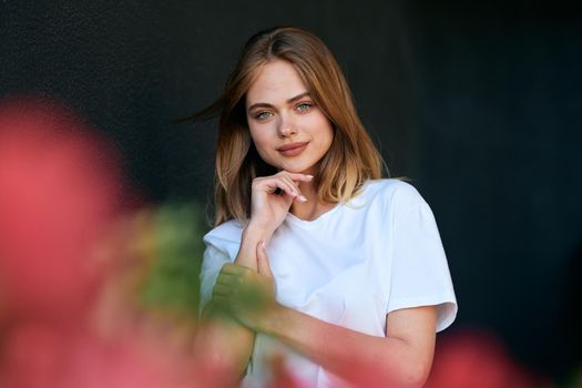 Business woman in a cafe outdoors fresh air summer. High quality photo