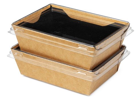 Craft package food box with transparent cover on white background close up