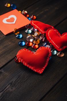 greeting cards decoration holiday valentines day hearts wooden background. High quality photo