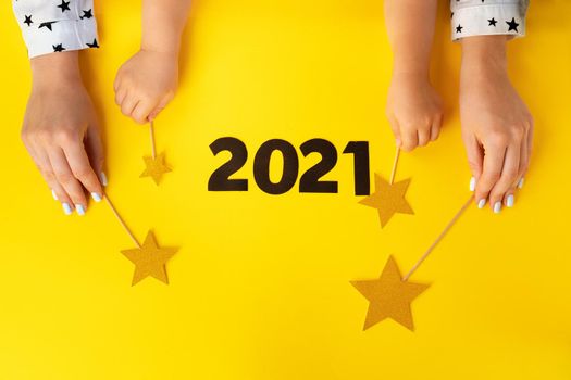 Concept of the year 2021. 2021 numbers on paper background with copy space, view from above