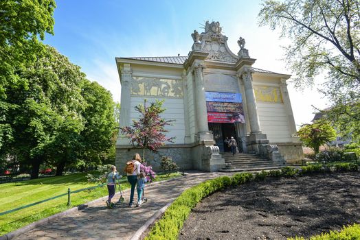 Krakow, Poland - May 20, 2019: Palace of art at 4 Plac Szczepanski square in Krakow, Poland