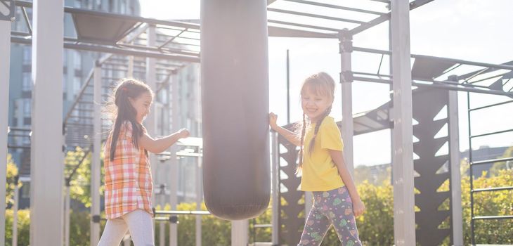 Two cute little girls having fun on a playground outdoors in summer. Sport activities for kids.