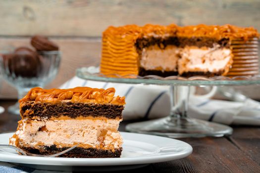 Plate with delicious caramel cake