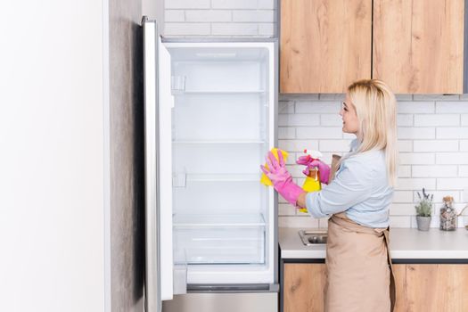 Young woman doing housework, cleaning the kitchen