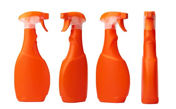 Orange plastic bottle of liquid detergent isolated on white background