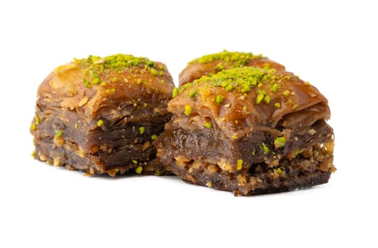 Turkish sweet pastry baklava isolated on white background, close up