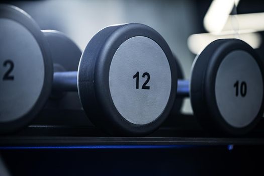 Close up photo of new dumbbells on a rack in a gym