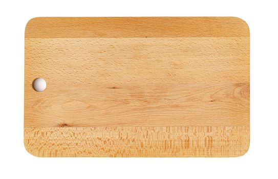 Wooden cutting board on a white background, close up
