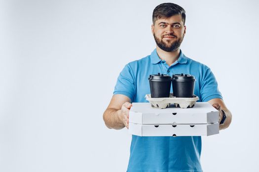 Food delivery courier with order on light grey background