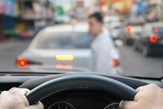 car emergency brake saved a life pesdestrian runs across street.