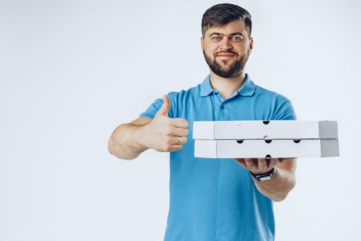 Food delivery courier with order on light grey background