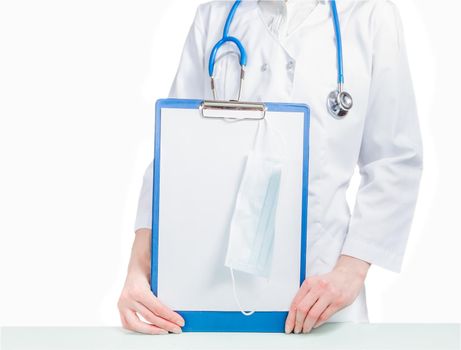Holding clipboard at breast doctor. Isolated on white background