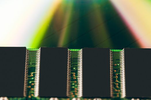 Green circuit board of a computer . Macro photo. Close up.