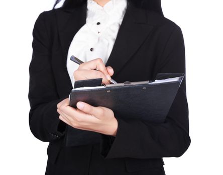 close up hand of business woman writing on a clipboard isolated on a white background