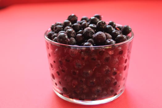 berry still life blueberries or currants in a glass on a red background with a place for text and a copyspace view from the side.