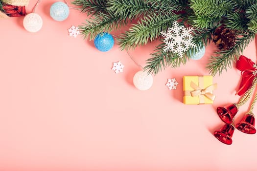 Christmas background with fir tree and decor. Top view with copy space ,  Christmas composition.
