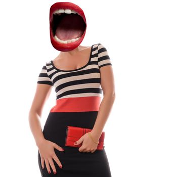 Collage of open mouth instead of a woman's head with red purse posing in studio on a white background, isolated