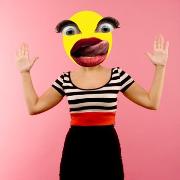 Stylish trendy psychedelic collage of modern art. crazy female mouth showing tongue and eyes instead of head on pink background.- image