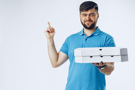 Food delivery courier with order on light grey background