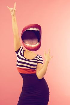 Stylish fashion sexy bad crazy girl with an open mouth instead of a head. Red lips. Dangerous rocky emotional woman. Pink background