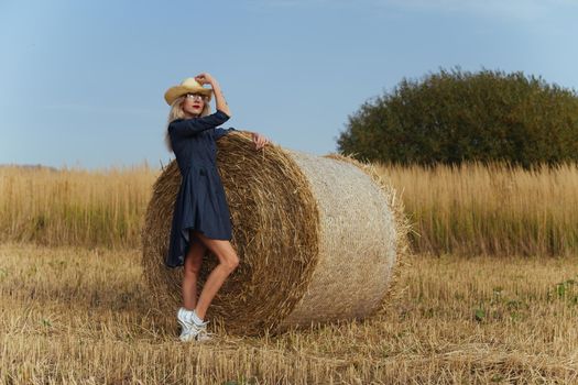 Beautiful girl villager posing in a dress near a bale of hay in a field