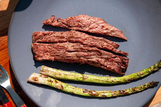 Grilled beef steak with Green asparagus on blue plate and white background top view, barbecue dry aged steak food concept