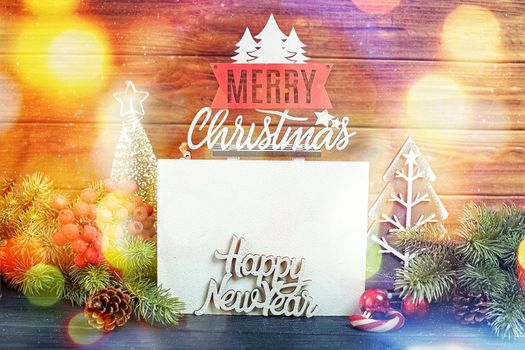 Christmas background with festive decoration and text , Merry Christmas and happy new year concept