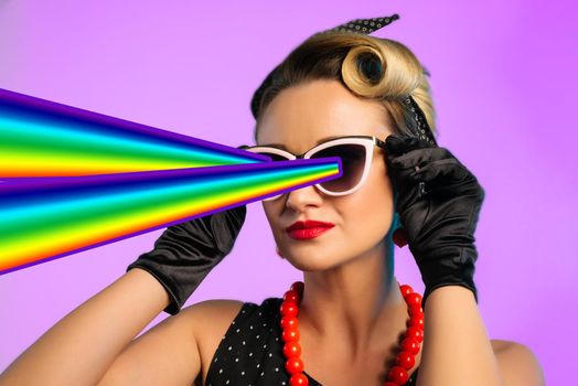 Fashion pin up woman with rainbow lasers from eyes. Minimal collage art. - image