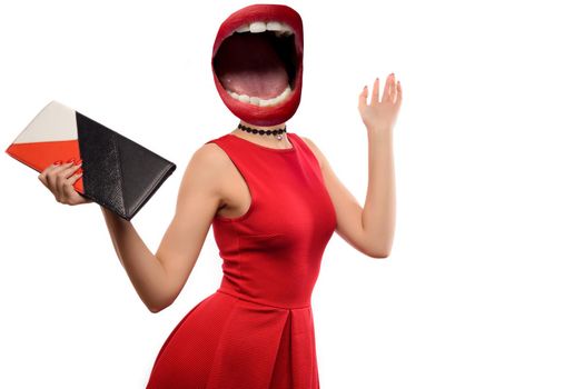 Fashion woman portrait isolated on white. female beautiful model. Collage of open mouth instead of a woman's head in red dress with clutch is happy about the sale