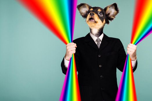 Psychedelic collage combining a man in a suit and a dog's head. The character holds a rainbow in his hands and looks up. The mouth is open in surprise. - image