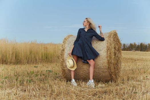 Beautiful girl villager posing in a dress near a bale of hay in a field