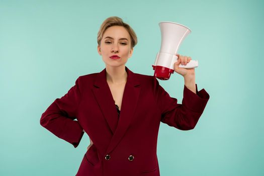 Funny young brunette woman girl in red suit posing isolated on pastel blue wall background studio portrait. People sincere emotions lifestyle concept. Mock up copy space. - image