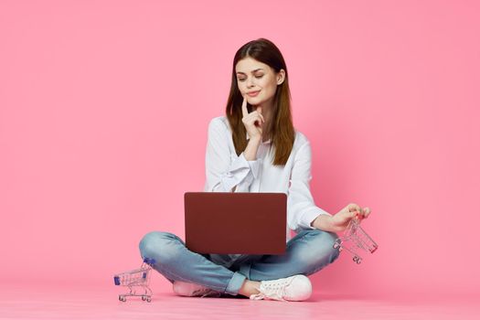 student laptop education internet pink technology background. High quality photo