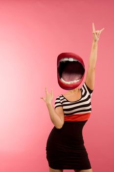 Stylish fashion sexy bad crazy girl with an open mouth instead of a head. Red lips. Dangerous rocky emotional woman. Pink background