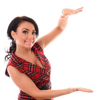 Portrait of a happy woman laughing hands in front of . Studio shot isolated on white.