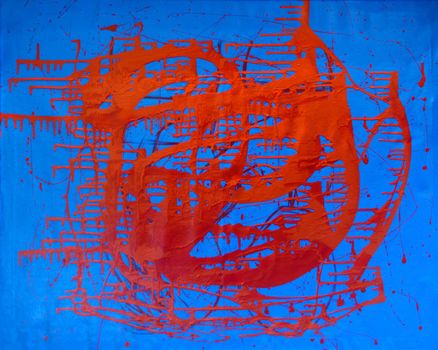 avant-garde abstract painting paints on wall red and blue color.