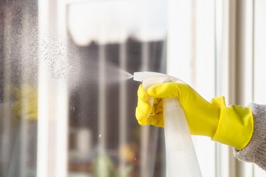Cleaning a window with spray detergent, Yellow rubber gloves and dish cloth on work surface concept for hygiene, business and health concept home interior