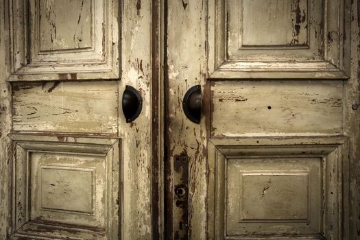 Old vintage wooden doors, grunge and antique background texture, opening closeup