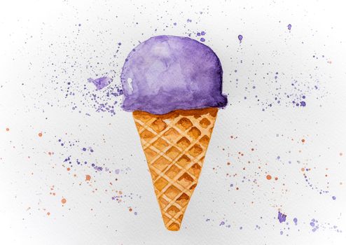 Realistic picture of hand-drawn watercolor ice-cream cone