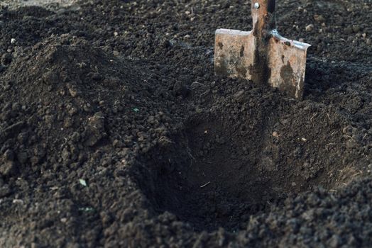 Gardening shovel tool and pit in the ground