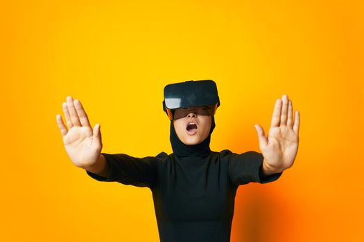 pretty woman virtual reality glasses entertainment isolated background. High quality photo
