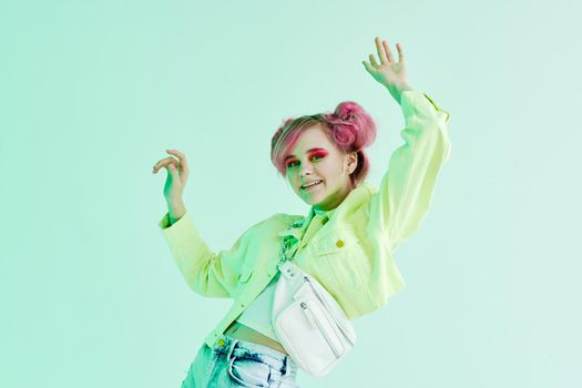 cheerful woman green jacket pink hair luxury fashion. High quality photo