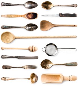 photo collage of wooden or metal kitchen utensils isolated on white background