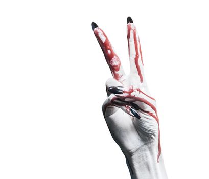 Vampire hand in blood on white background, peace hand sign. Halloween or horror theme